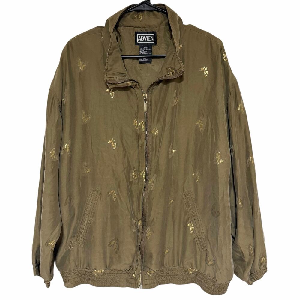 VINTAGE ABVIEN 100% Silk Holographic Butterfly Printed Jacket Size XL Zip Front